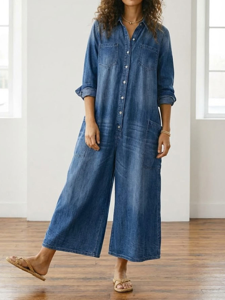 Diana™ | Retro Denim Button-Up Jumpsuit